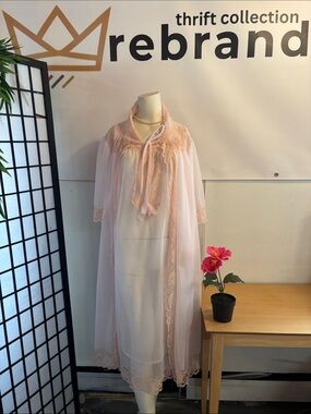 Sheer Lace-Trim Pink Robe and Nightgown Set